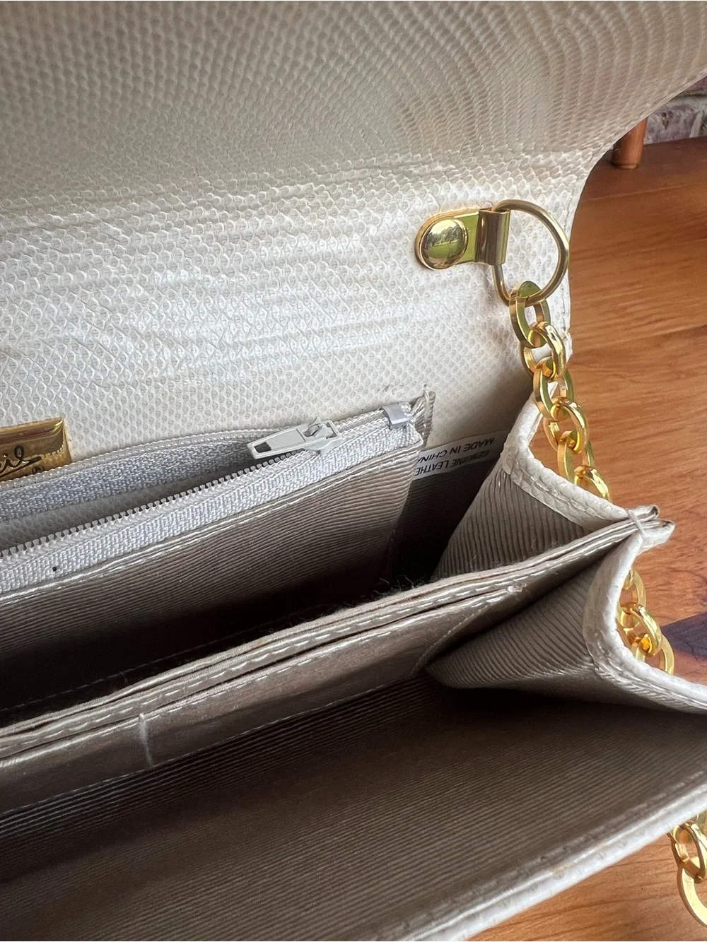 Vintage Ivory Snakeskin Embossed Leather Crossbody Clutch w/ Gold Jeweled Chain